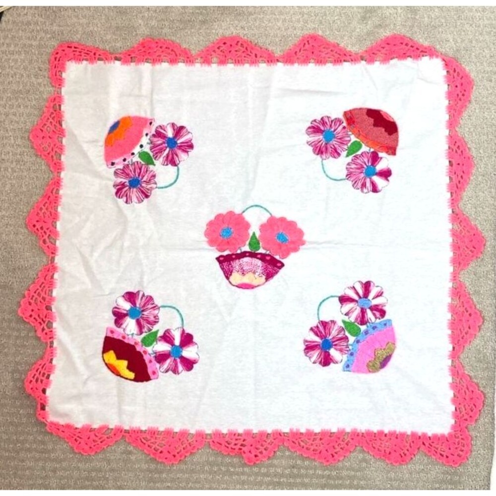Vintage Mexican Hand Embroidered Floral Basket Servilleta Tablecloth with Pink